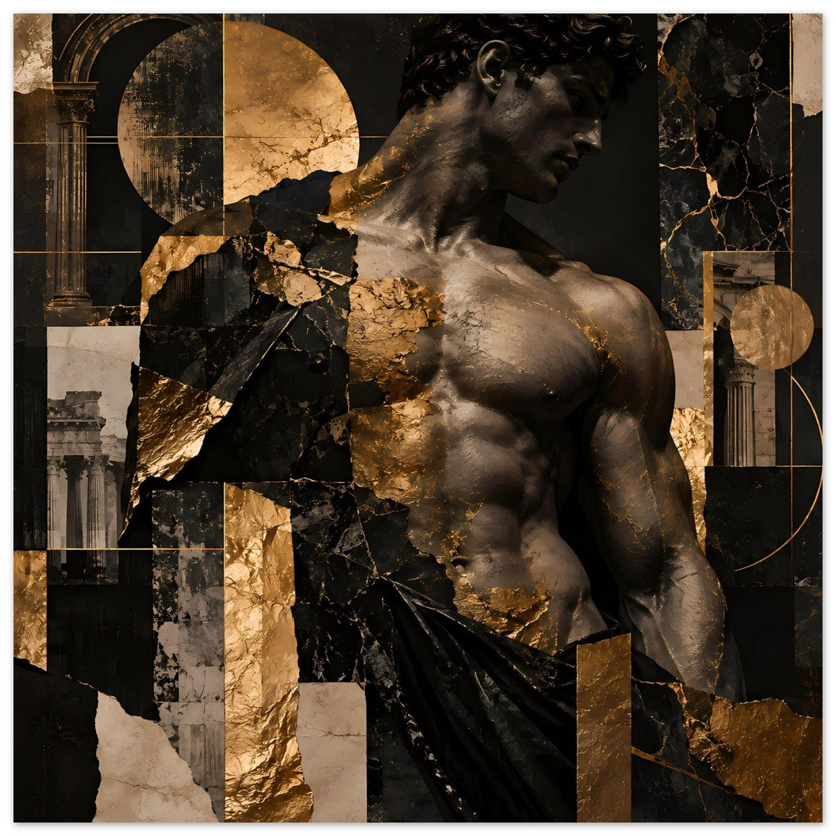 Kunstposter mit klassischer Statue, Schwarz-Gold-Marmor, runde Formen und Säulenelemente