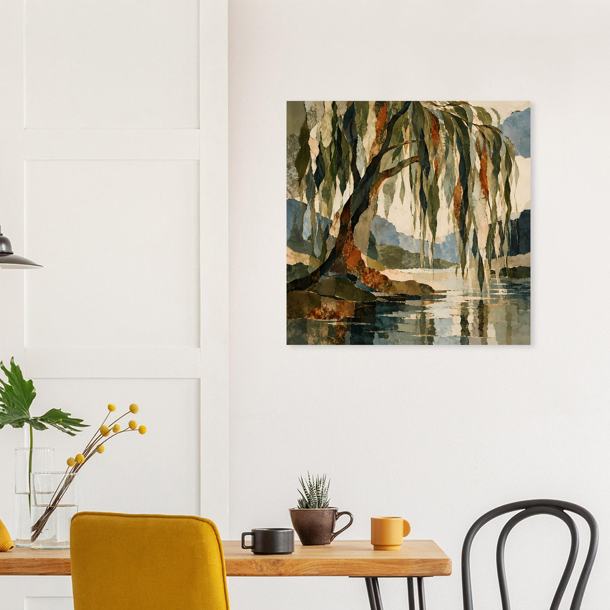 Wandposter mit Landschaftsmotiv, grün-braune Baumkronen am See mit Reflexen