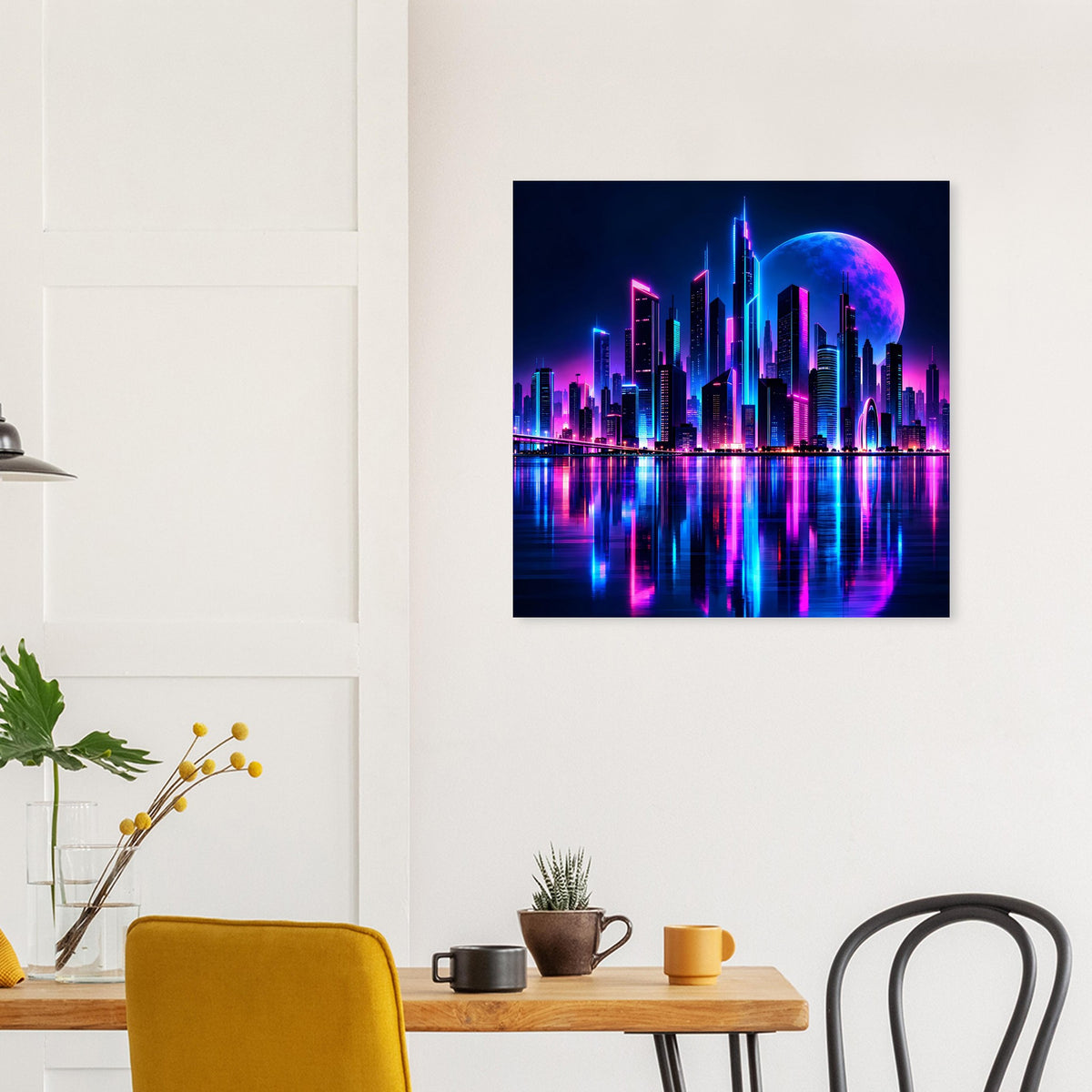 Neon-Stadtmotiv als Poster: leuchtende Gebäude in Blau und Pink vor rundem Mond