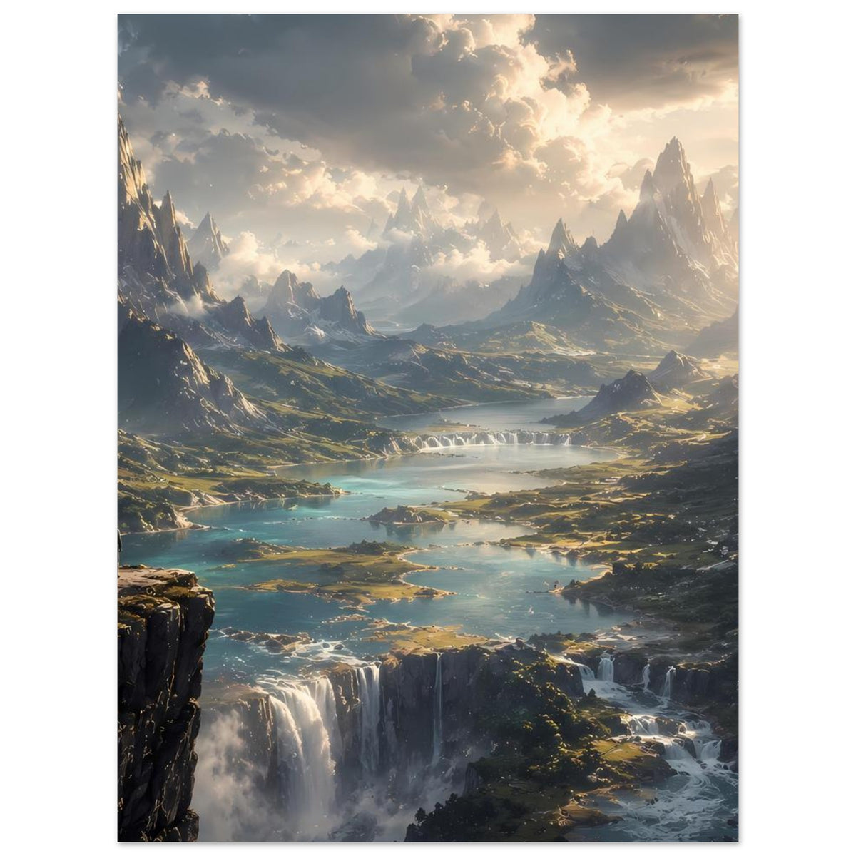 Poster mit Berglandschaft, türkisfarbenem Tal, Wasserläufen und Wasserfällen im Abendlicht