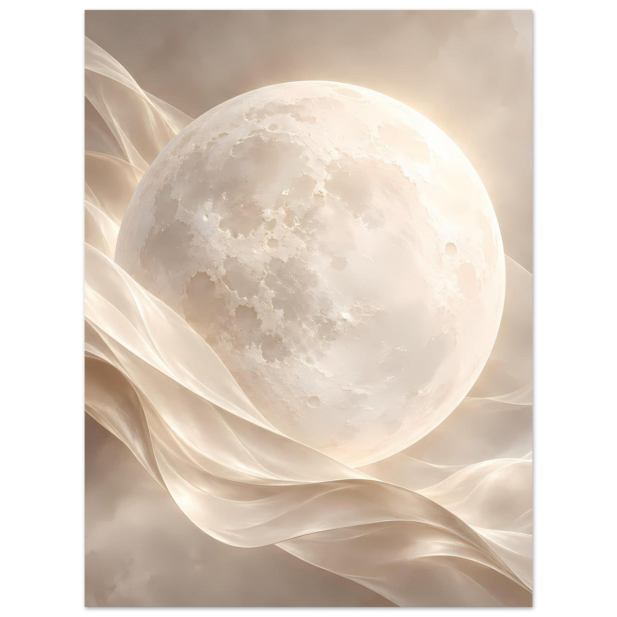 Vertikaler Kunstdruck mit leuchtendem Vollmond und wehenden, gold-weißen Stofflinien