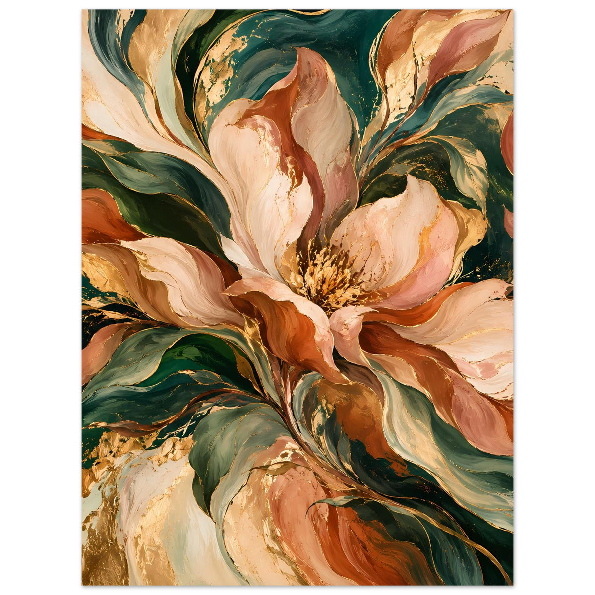 Blumenposter mit Pfingstrosenbouquet in Creme- und Terrakotta-Tönen mit Dunkelgrün