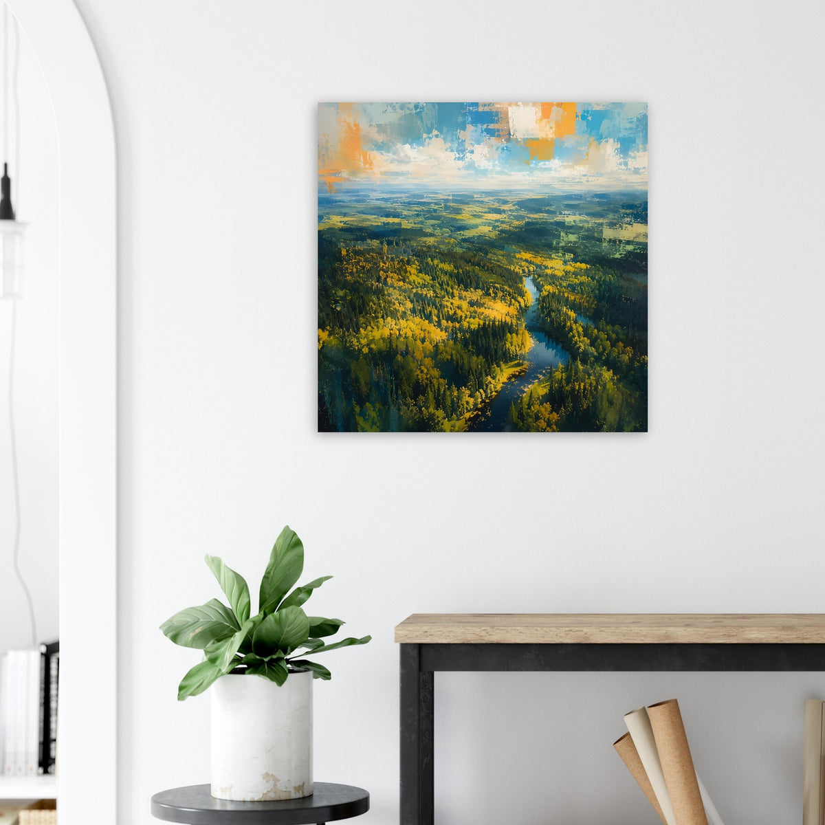 Quadratisches Poster mit Herbstwald, Fluss im geschwungenen Verlauf