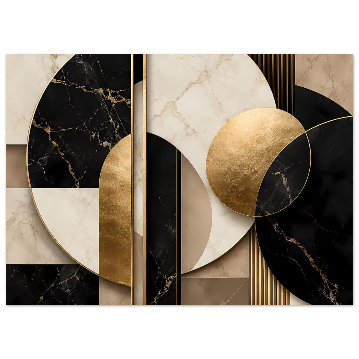 Geometrisches Marmor-Gold-Poster mit goldenen Akzenten, schwarzen Kreisflächen und feinen Linien
