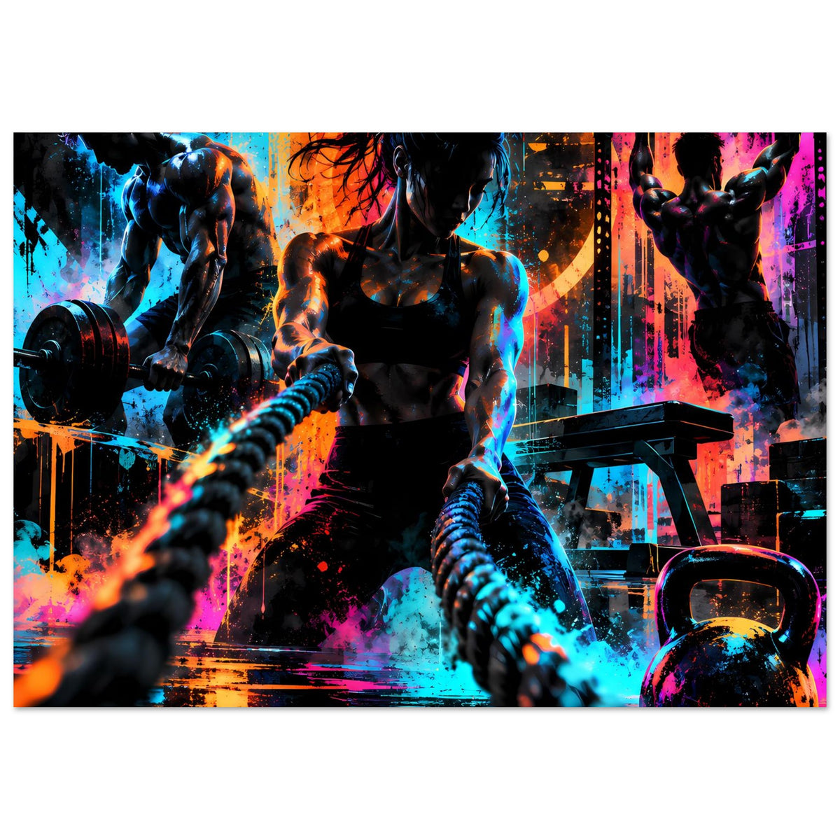 Neon-Fitnessposter: Trainierende mit Hanteln, Kettlebell rechts, leuchtende Neonfarben und Effekte.
