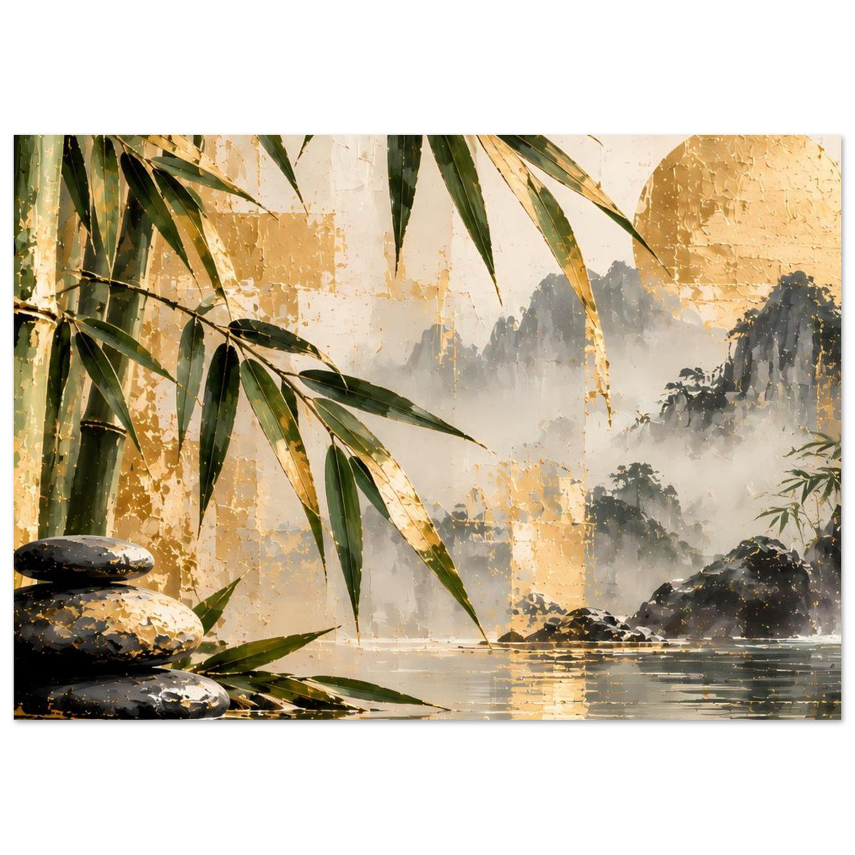 Horizontales Poster mit Bambuszweigen, goldenen Flächen und Wasserfall in Grau-Nebel