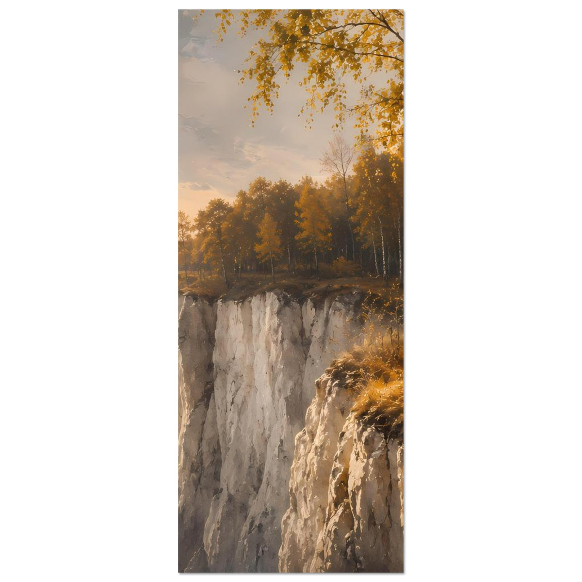 Vertikales Poster: Steilküste und Birken mit Herbstlaub, goldene Vegetation, matt