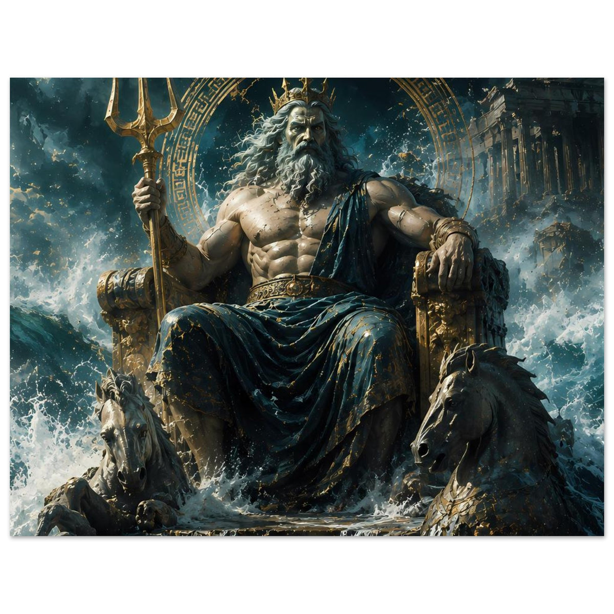 Poster mit Meeresgott Poseidon auf Thron, Dreizack erhoben, blaues Gewand, zwei Pferde