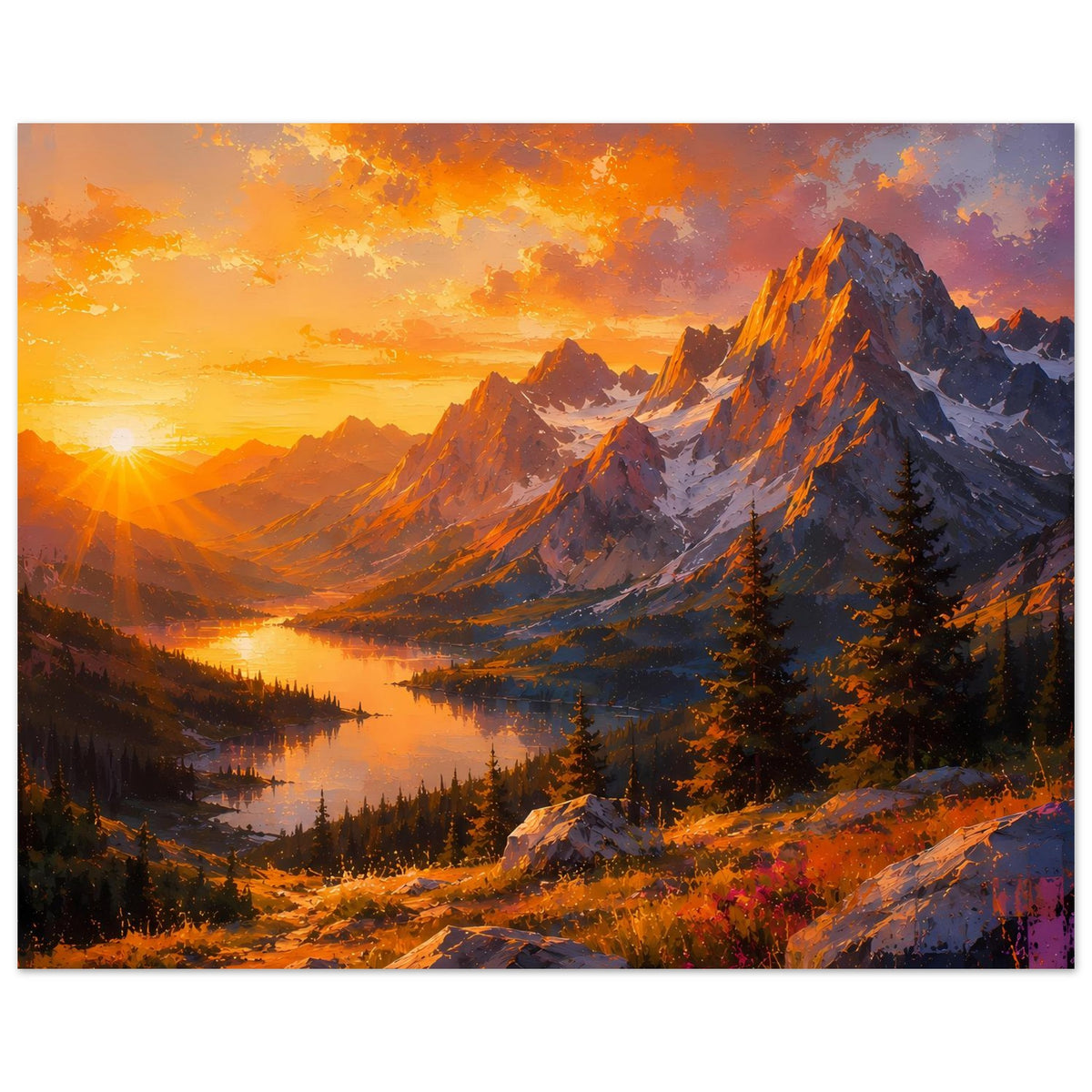 Querformat-Poster mit Panorama von Bergen, Tannen und goldenem Sonnenuntergang am See