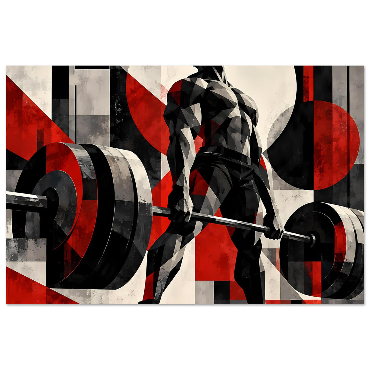 Breitformat-Fitnessposter mit Hantel und Kraftsportler im Kontrast Schwarz-Rot