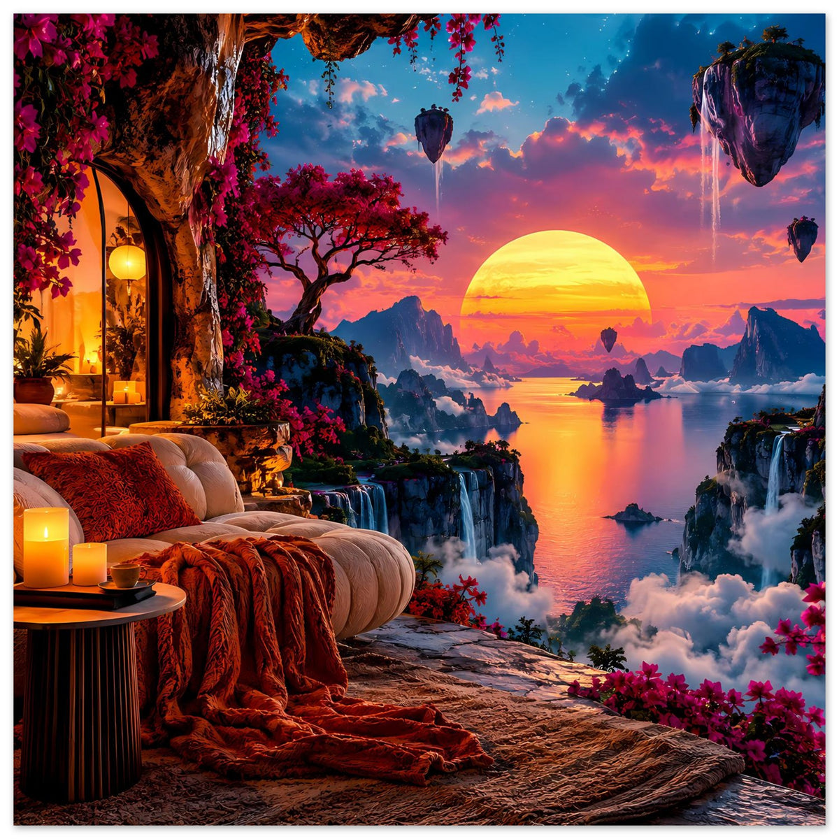 Fantasy-Landschaftsposter im Hochformat: Terrasse mit Decke, Sonnenball, Wasser und schwebende Inseln