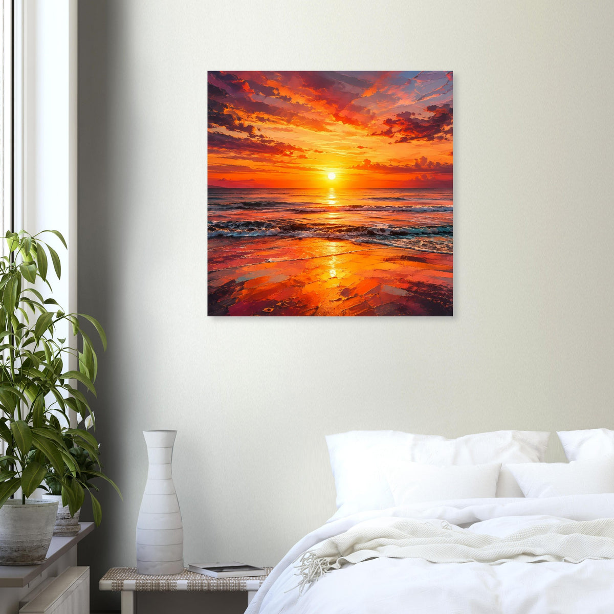 Quadratisches Sonnenuntergangs-Poster mit Meerblick und goldenem Licht auf ruhiger Wasseroberfläche