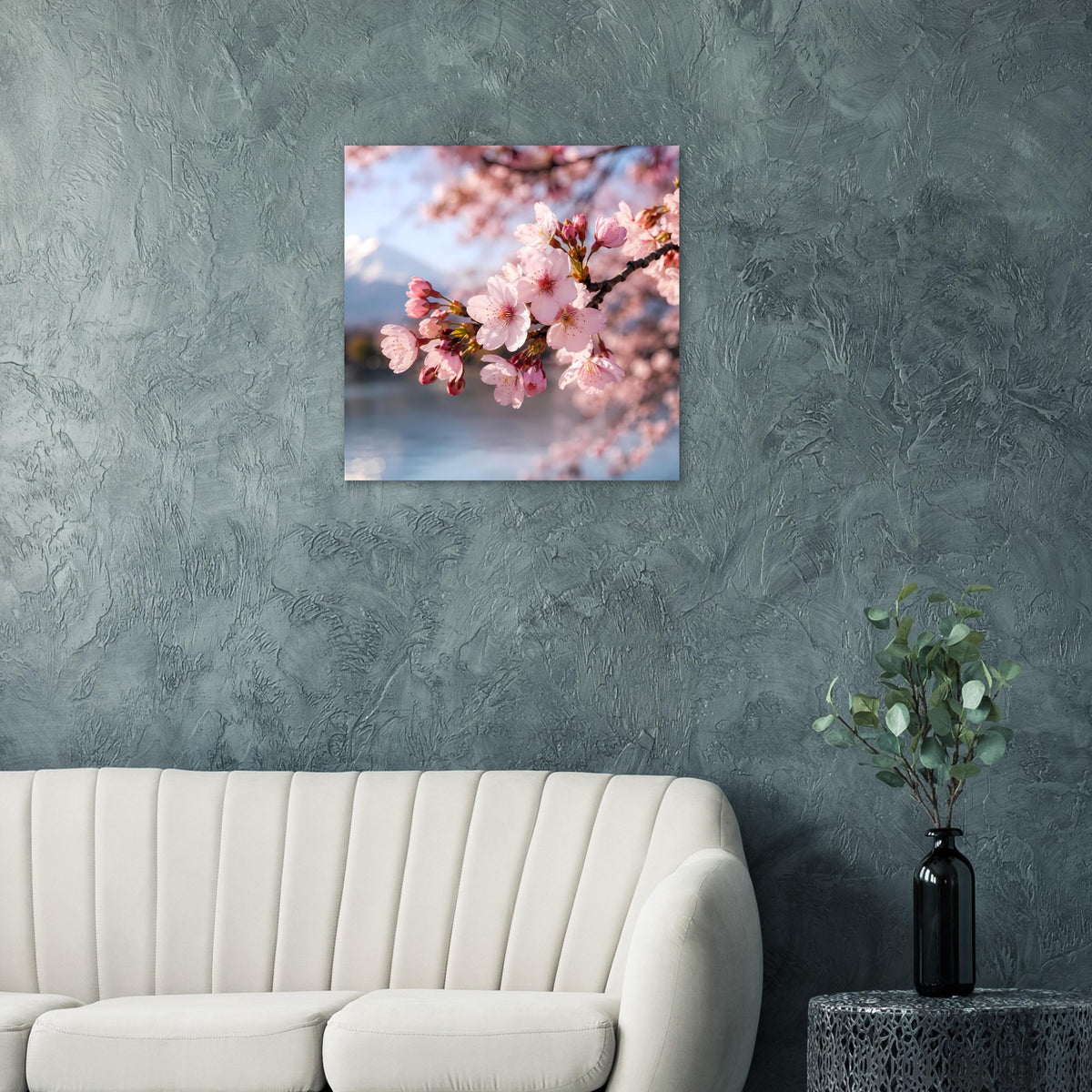 Quadratisches Kirschblüten-Poster mit rosa Blüten an verzweigtem Ast