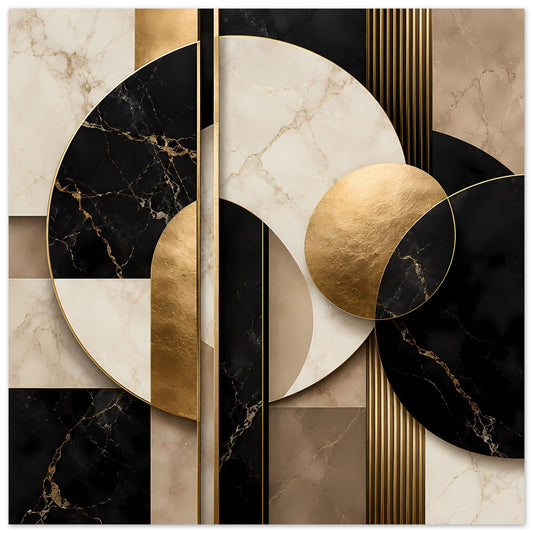 Poster mit geometrischem Marmor- und Goldmotiv: große Kreise, schwarze Akzente, Linien