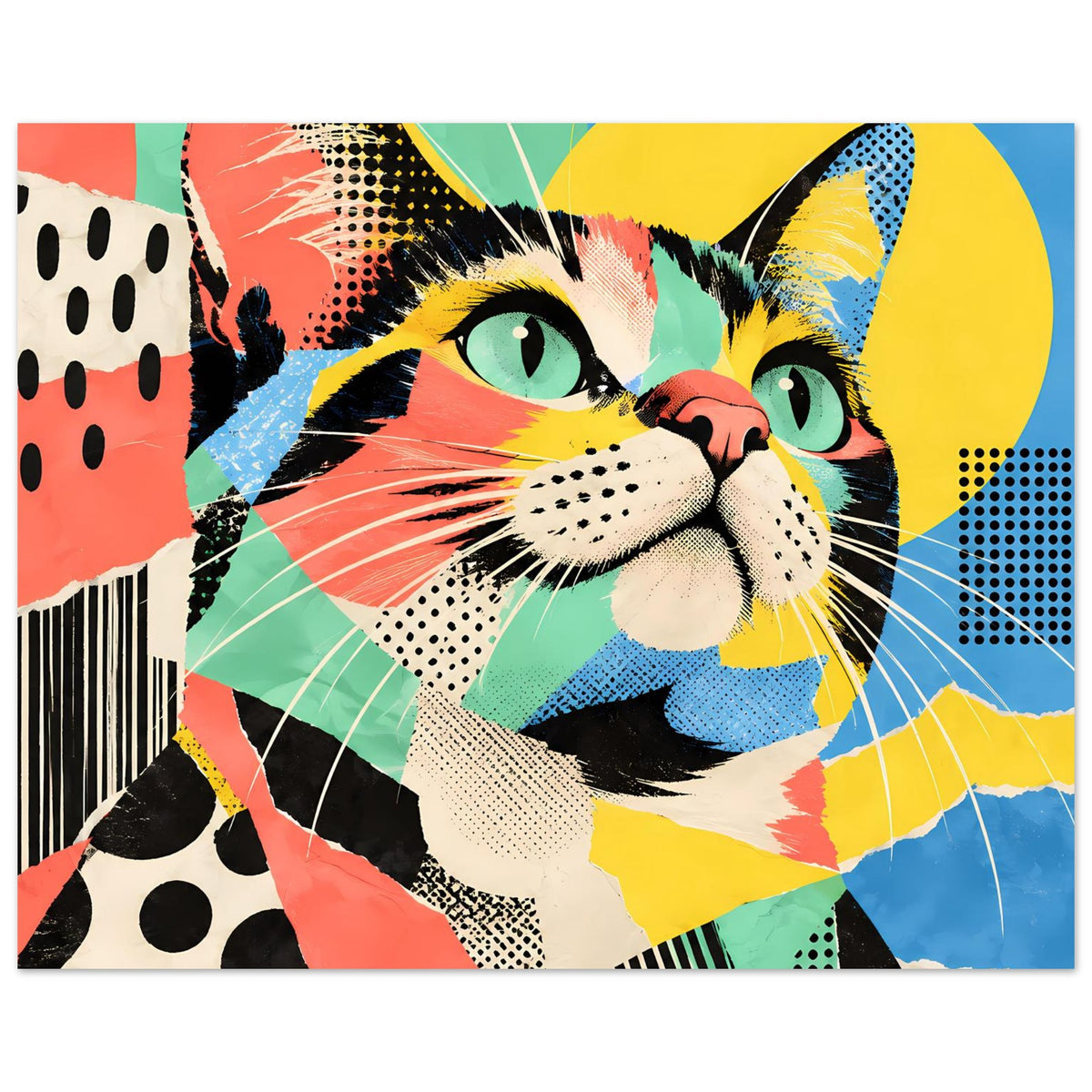 Horizontales Pop-Art-Katzenposter mit farbigen Mustern, gelben Elementen und großen Augen