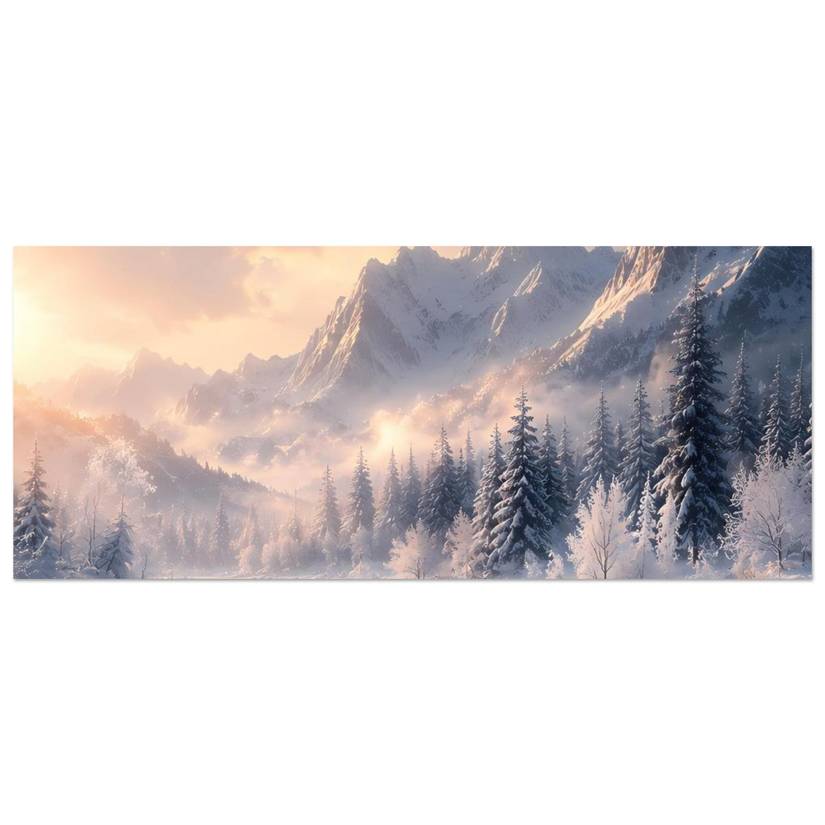 Winterlandschafts-Poster im Panoramaformat: Tannen und Berge, Sonne über verschneiter Landschaft