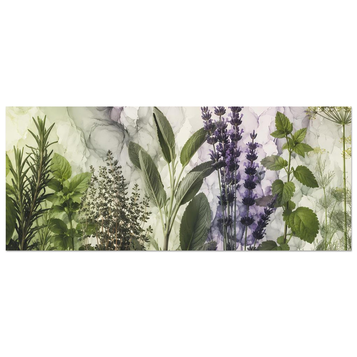 Horizontaler Posterabschnitt mit Kräutern, Lavendelähren und Blättern im Aquarellstil