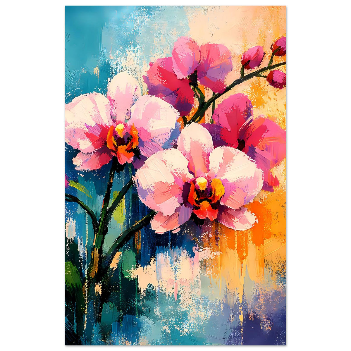 Blumenposter im Hochformat: abstrakte Orchideenblüten in Weiß und Pink an dunklen Zweigen