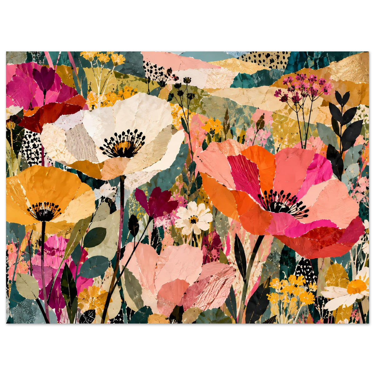 Buntes Querformat-Poster, Nahansicht der Blumen-Collage mit großen Blüten und Ranken