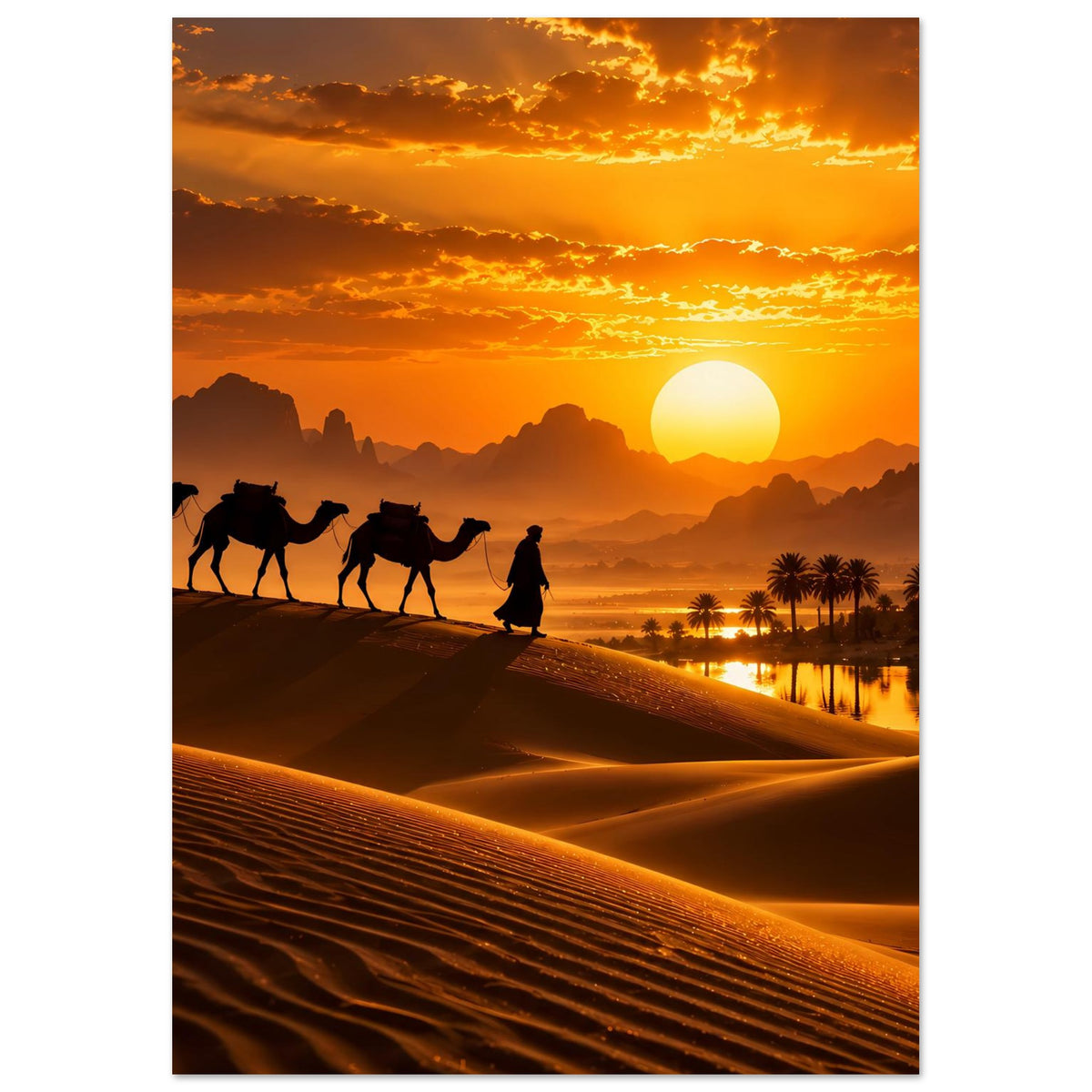Premium-Poster im Hochformat: Dromedare vor Sonnenuntergang am Rand der Sanddünen.