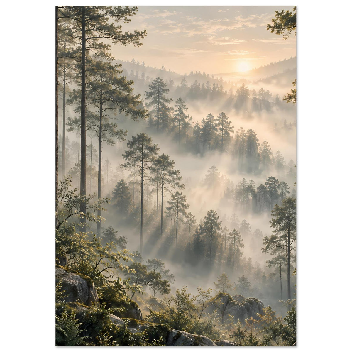 Wandposter im Hochformat mit Tannen im Nebel, warmem Sonnenaufgang und felsigem Waldboden