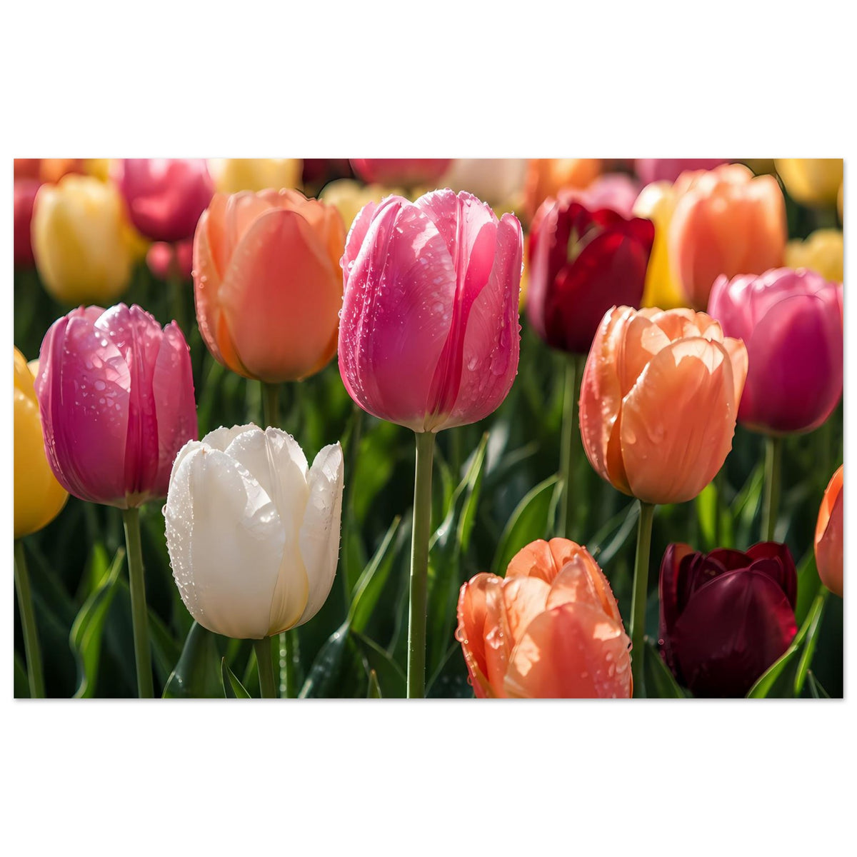 Tulpen-Garten-Poster mit mattem Fotodruck: bunte Tulpen in Pink, Orange, Lila und Weiß