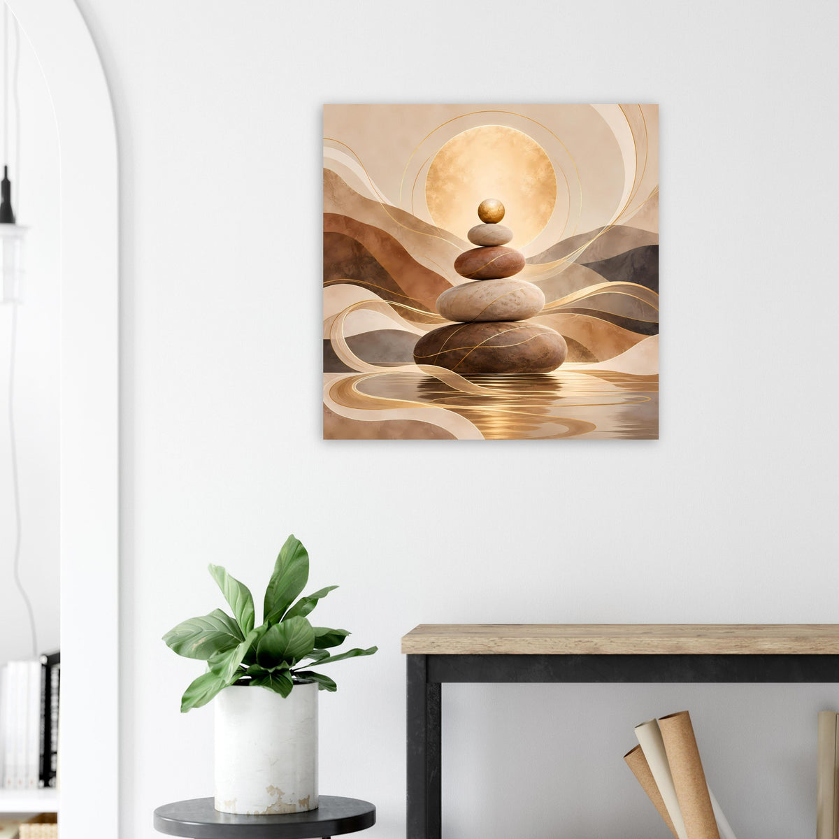 Wandposter mit balancierenden Steinen, Kreislicht und goldenen Wellen in warmen Erdtönen