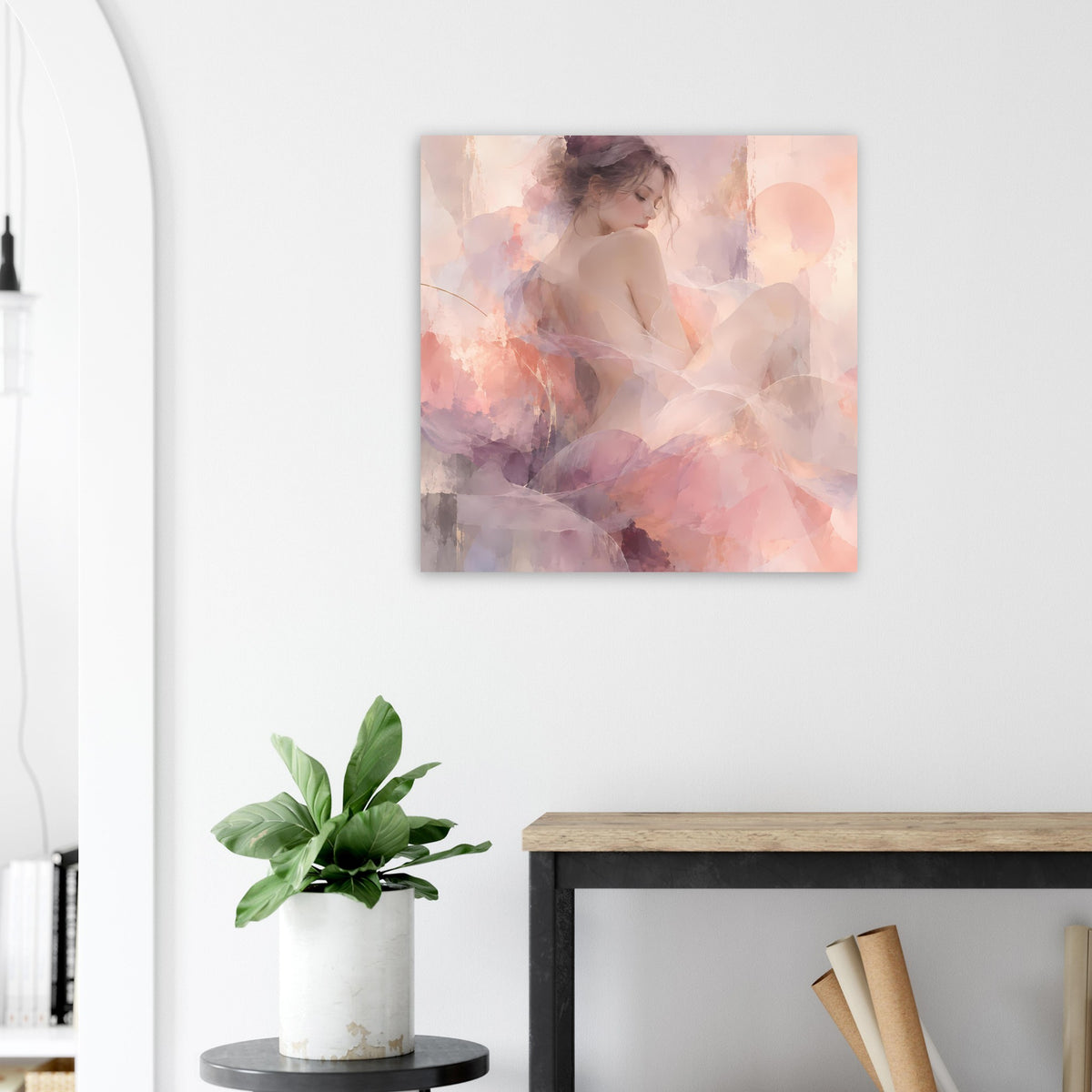 Abstraktes Frauenporträt-Wandposter in Pastellrosa und Lavendel, quadratisch