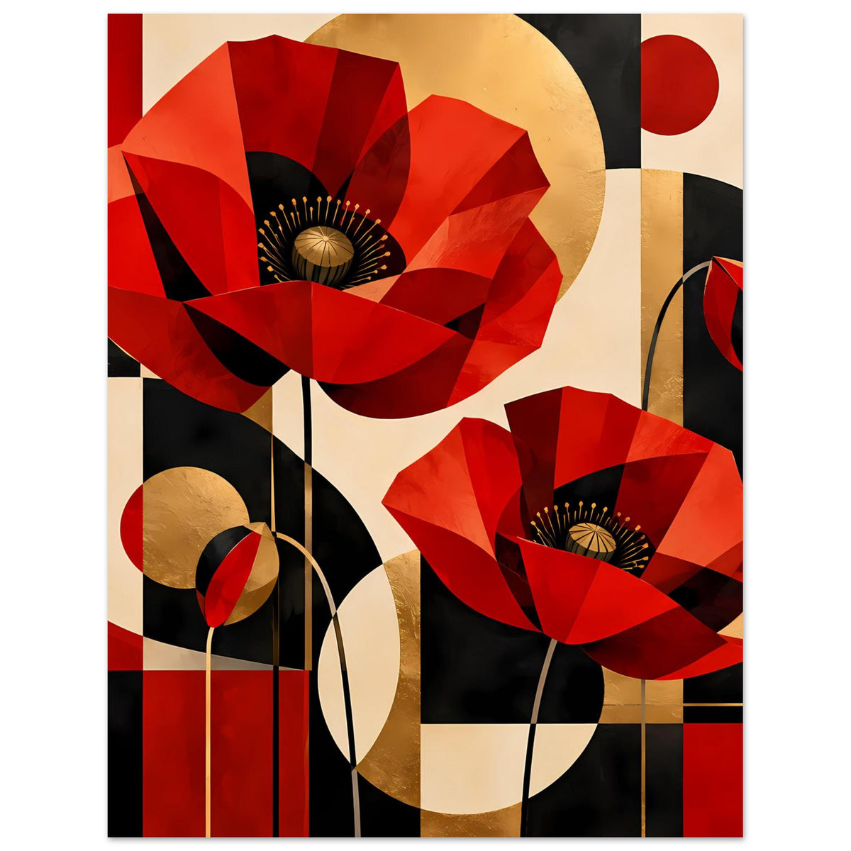 Kunstposter mit roten Mohnblüten, goldfarbenen Kreisen und schwarzen Linien im Design