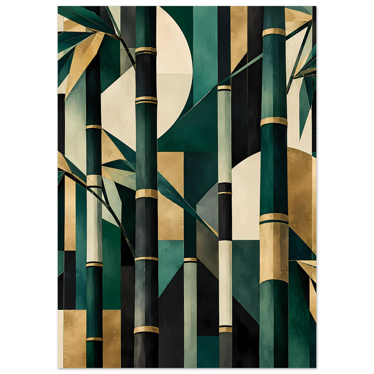 Naturposter mit abstrakten Bambusstämmen in Smaragdgrün, Schwarz, Creme und Gold