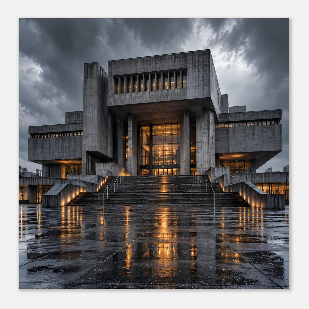 Architekturposter mit Betonbauwerk, warm leuchtenden Fenstern und nassem Vorfeld