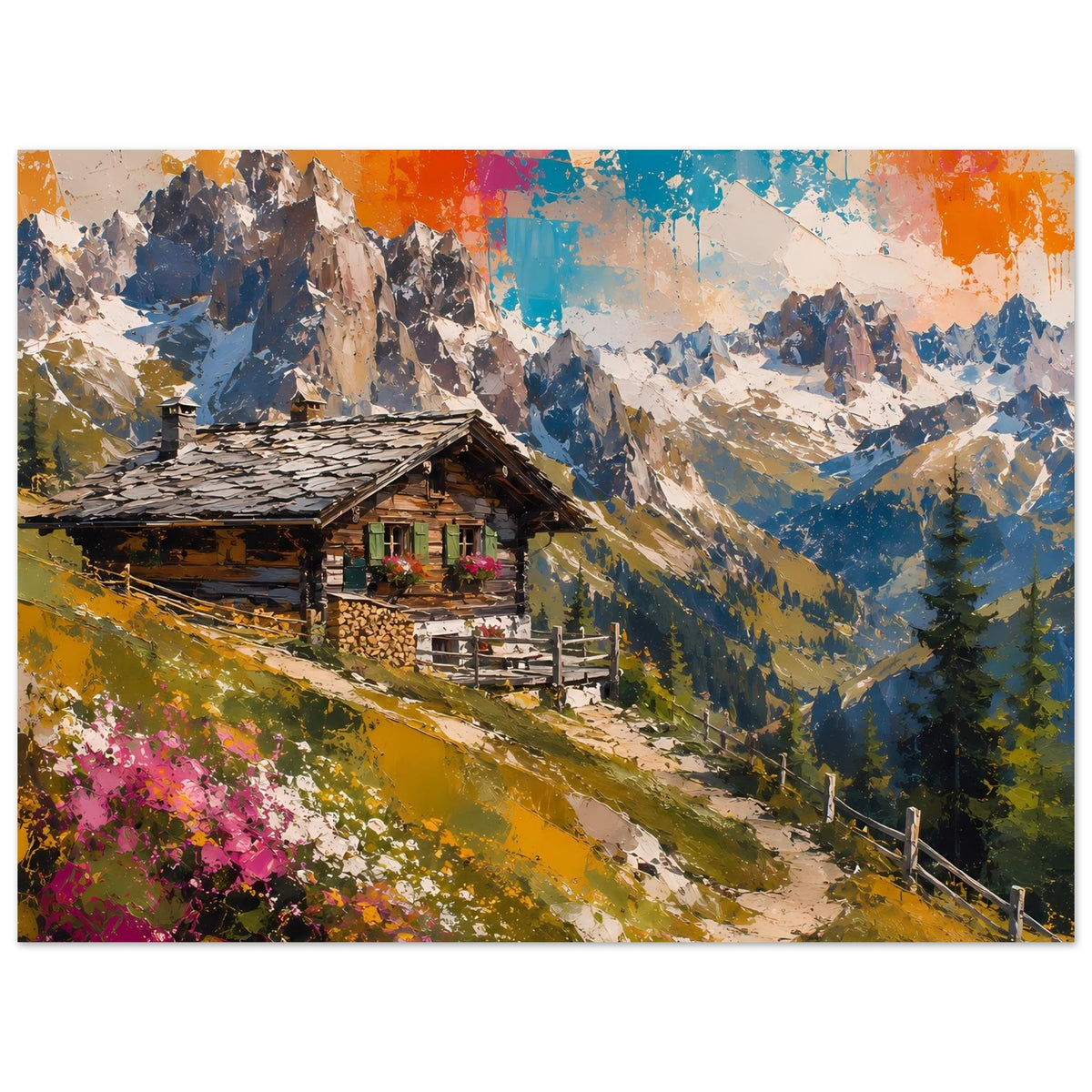 Horizontales Poster: Holzalmhütte vor schroffen Bergen, kräftige Farbstreifen im Himmel
