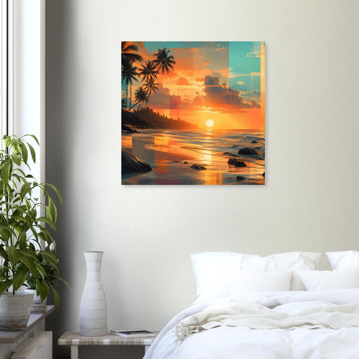 Poster mit Sonnenuntergang am Strand, Palmen und flachem Wasser