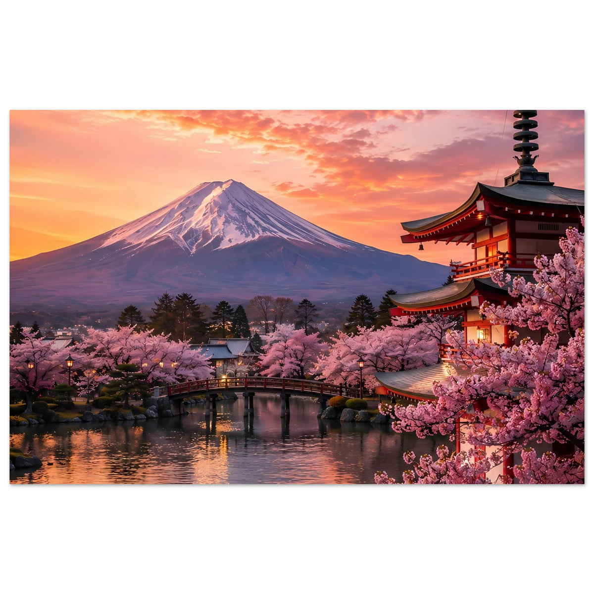 Querformat-Poster mit Fuji im Sonnenuntergang, pinken Kirschblüten und Tempel am Fluss.