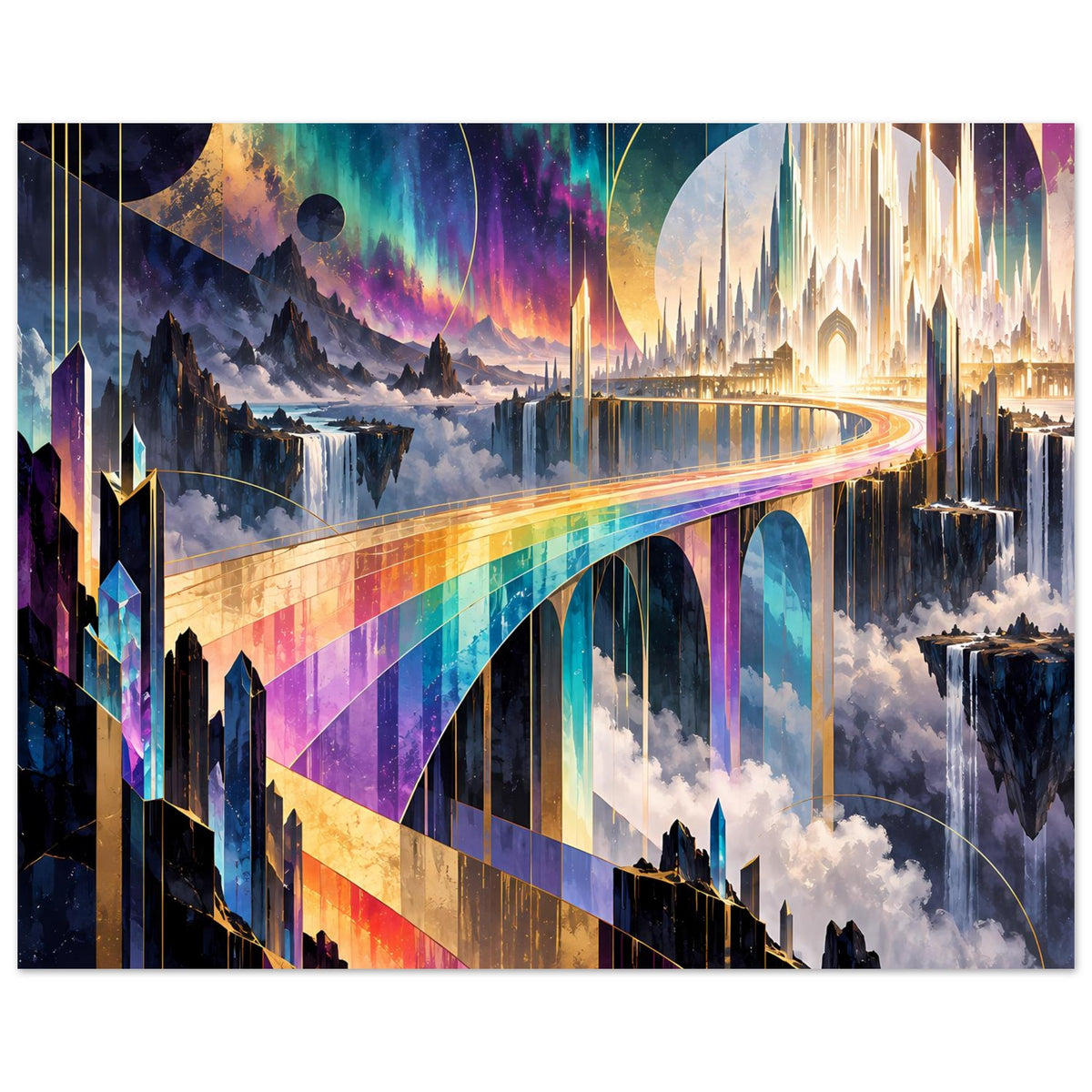Futuristisches Regenbogen-Brückenposter mit Regenbogenbogen und Wolken, futuristische Türme