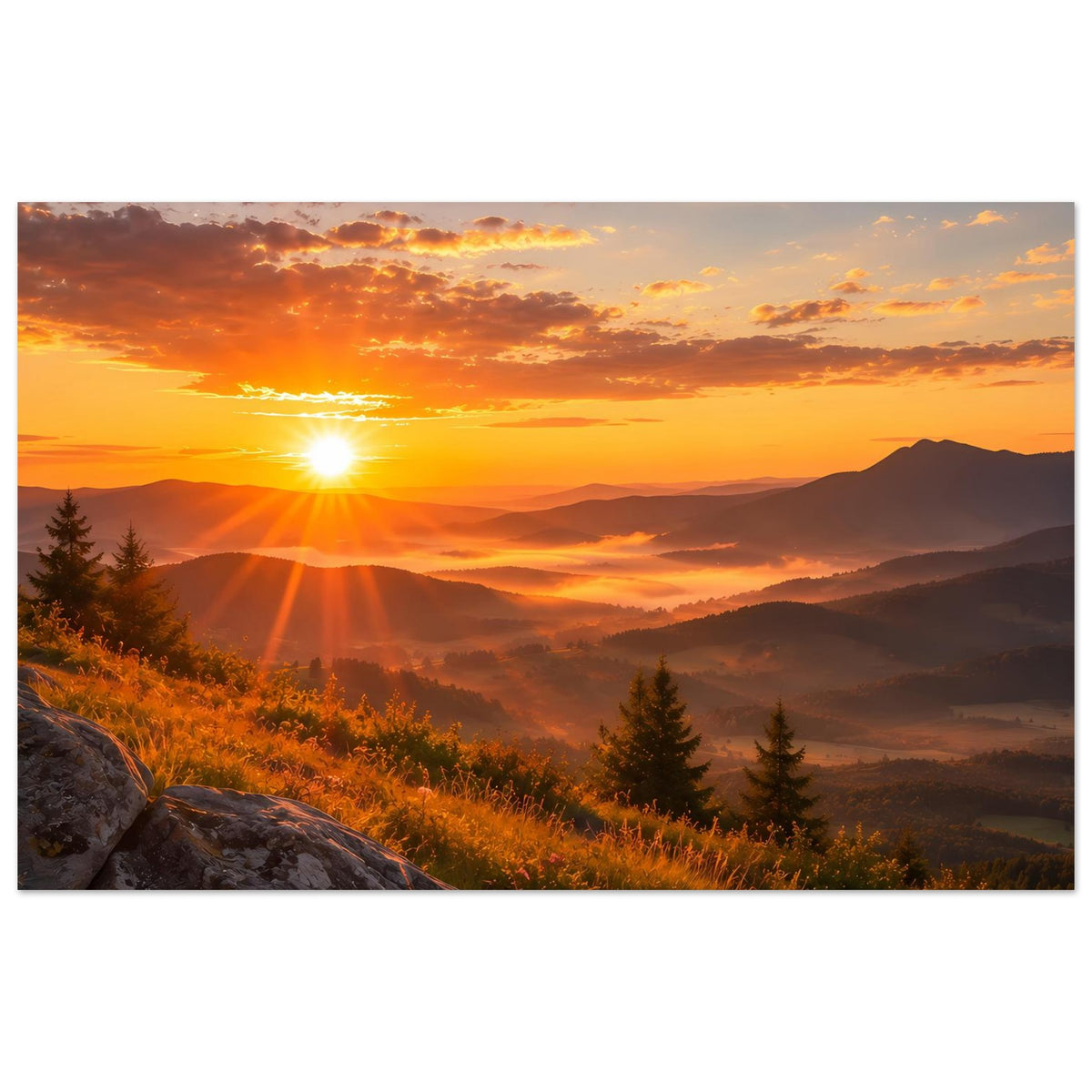 Landschaftsposter im Querformat mit Sonnenuntergang über Hügeln, Wiese und Tannen