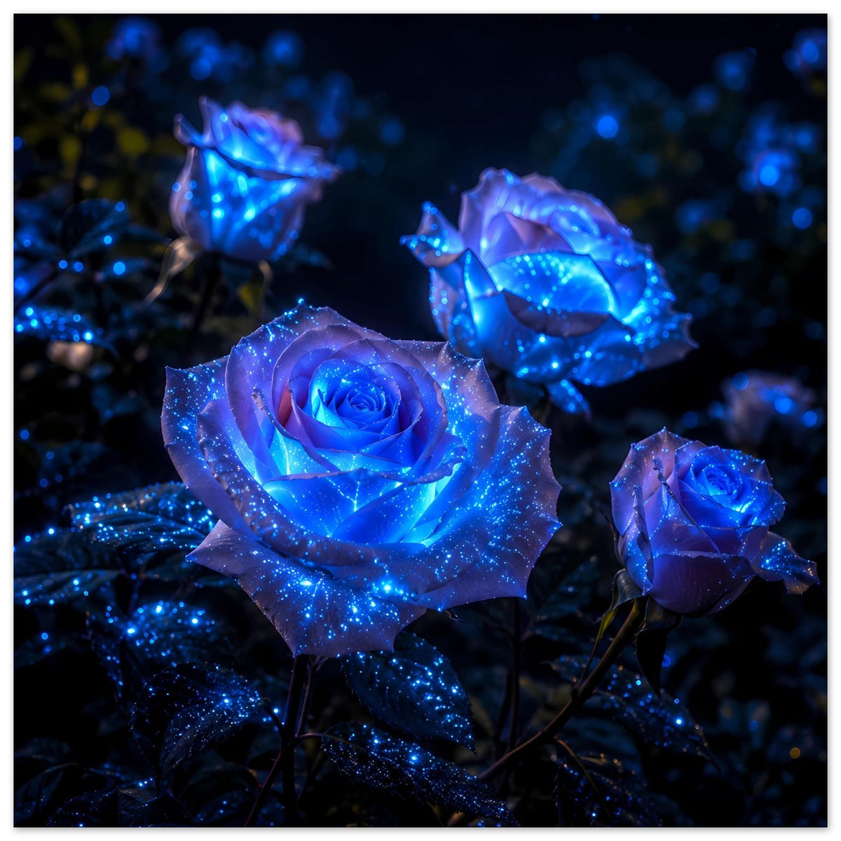 Querformatiges Rosenposter: blaue leuchtende Rosen mit funkelndem Sternenlicht-Effekt