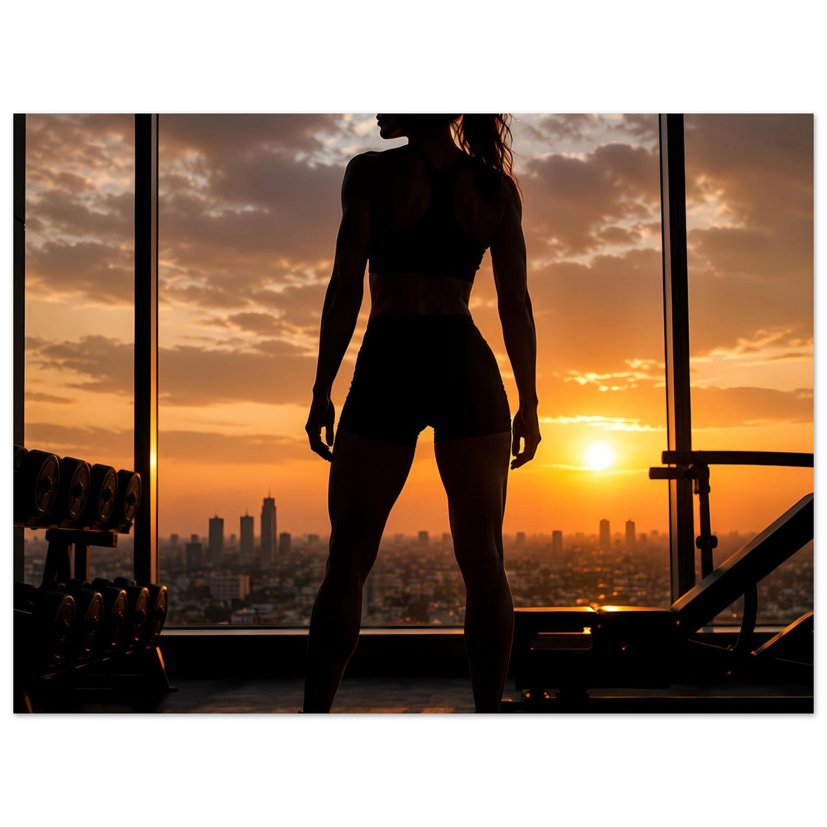 Fitness-Poster mit Sportlerin-Silhouette, Sonnenuntergang und Blick auf Stadt und Geräte