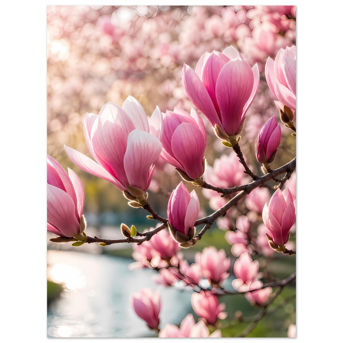 Blumenposter mit Magnolienblüten in Pink und Weiß, Fokus auf vordere Blüten