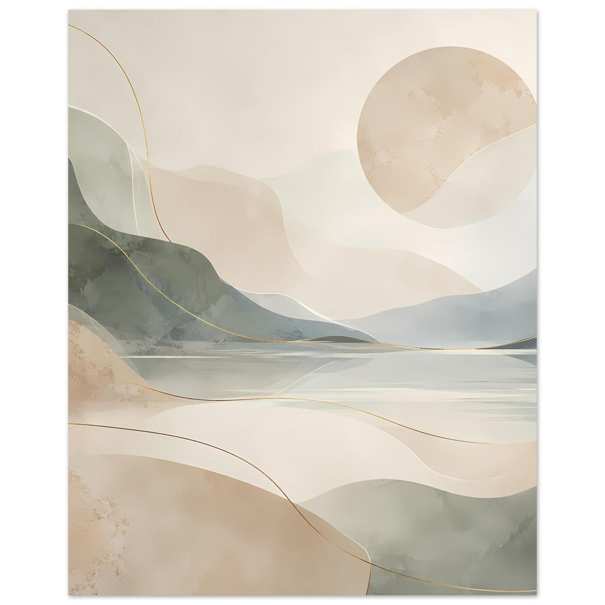 Abstraktes Poster mit Berg- und Seenlandschaft in Beige und Goldlinien; vertikal