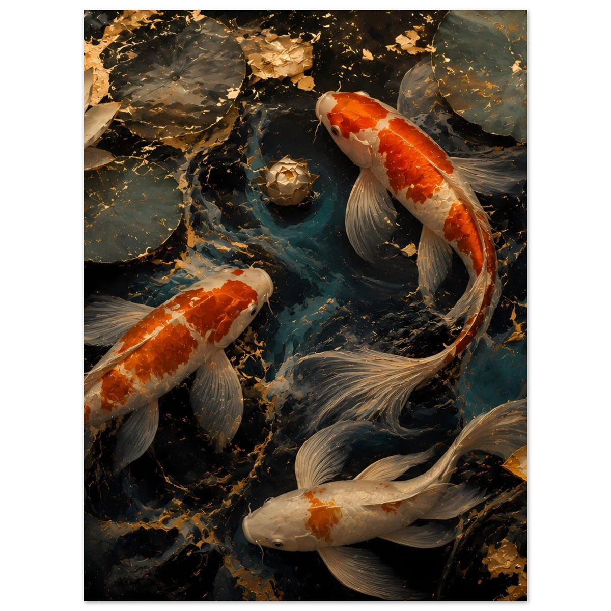 Poster mit Koi-Fischmotiv im Teich, orange-weiße Fische auf dunklem Wasser