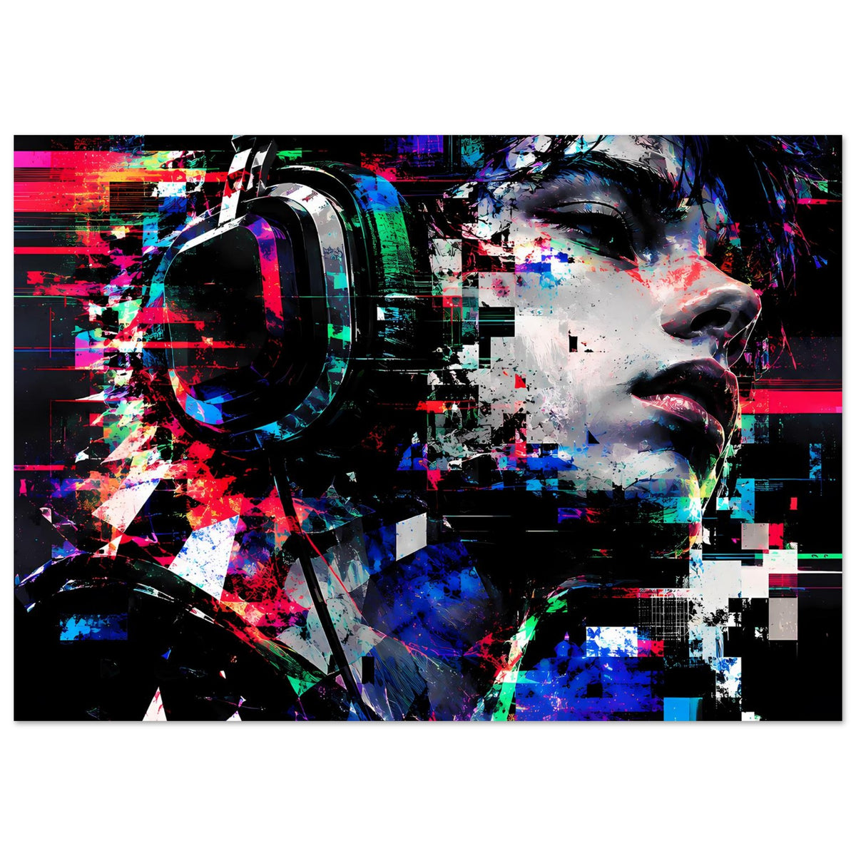 Horizontales Poster mit abstraktem Digital-Porträt, Neonfarben und Glitch-Optik