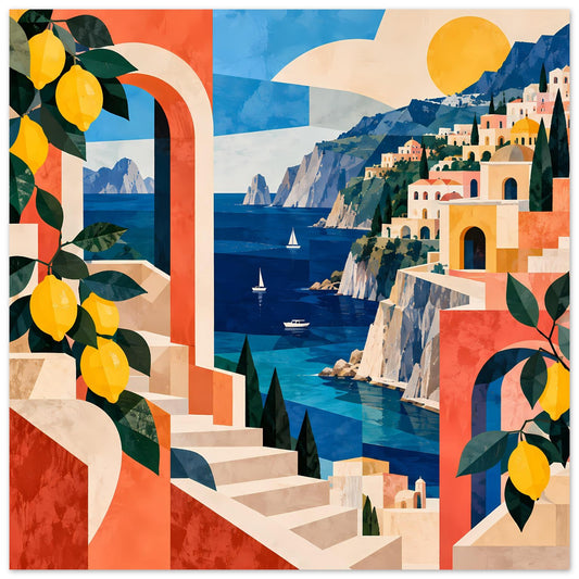 Mediterranes Küstenposter mit Zitronenmuster, Arkaden, Meer und Häusern auf Klippen
