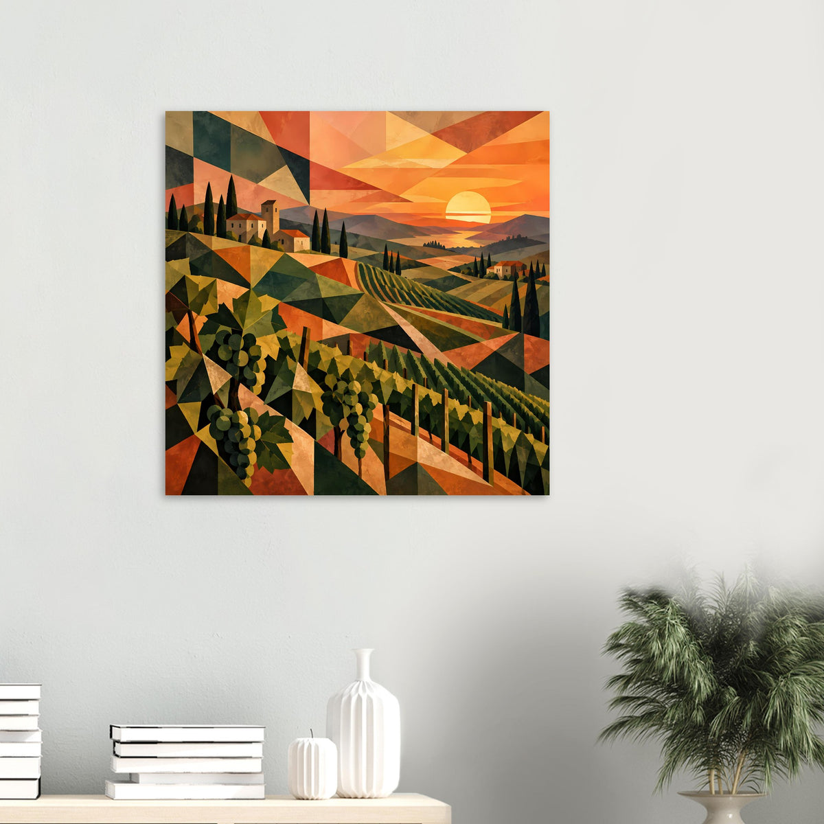 Quadratisches gerahmtes Poster mit Weinreihen und tiefstehender Sonne im geometrischen Stil