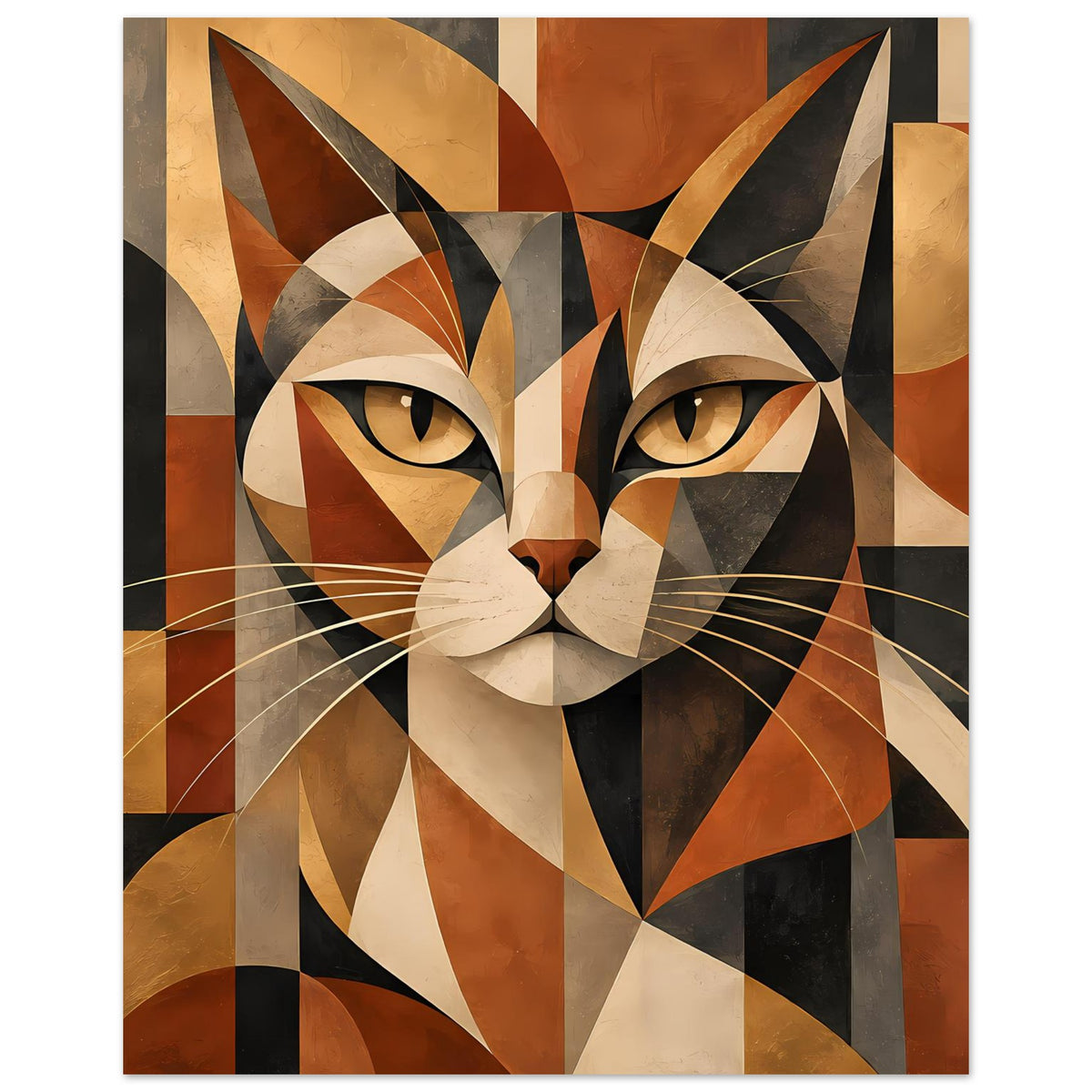 Poster mit geometrischem Katzenporträt im Hochformat, warme Erdtöne, stilisierte Augen