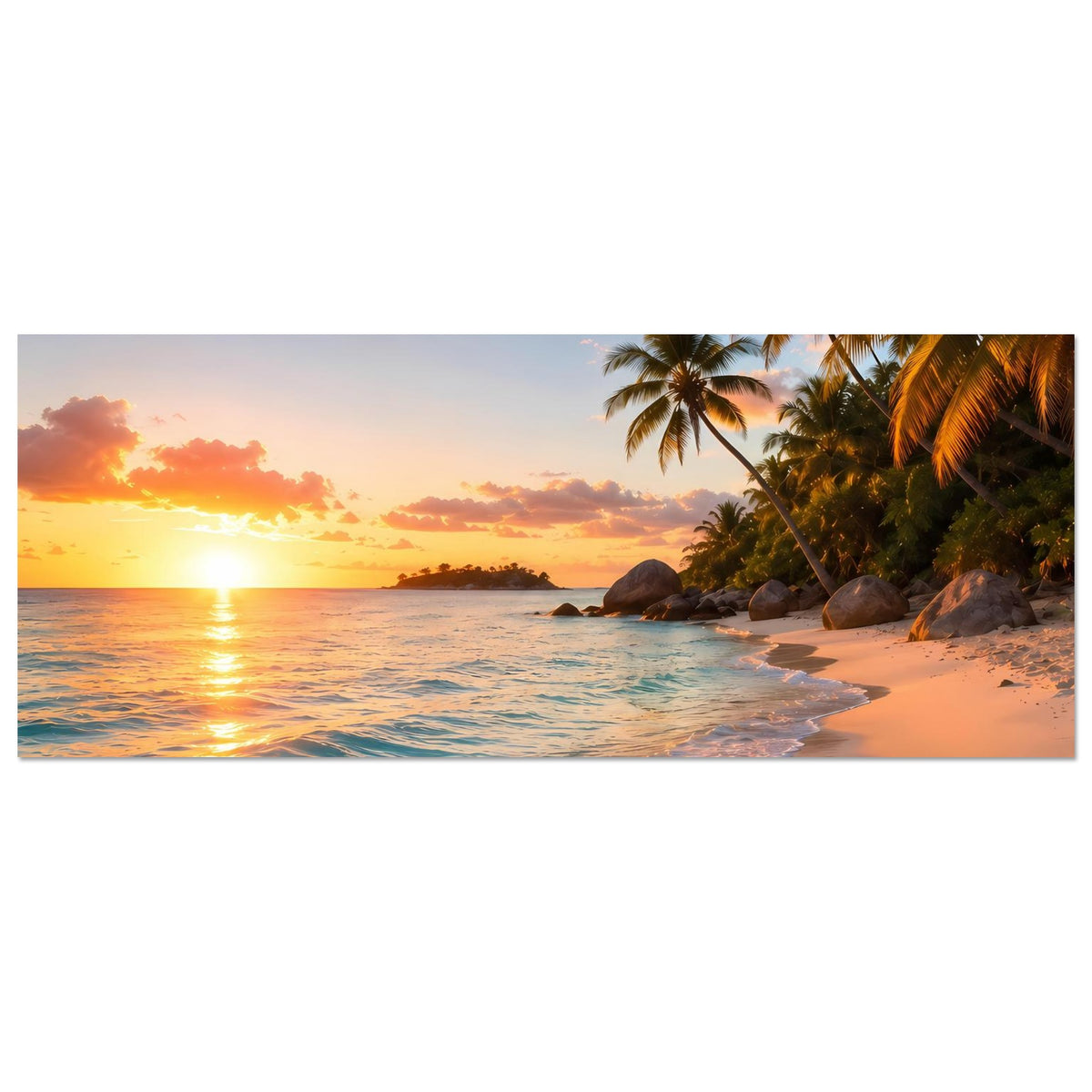 Horizontales Strandposter mit Palmen, Sonnenschein am Wasser und Wellen am Sandufer