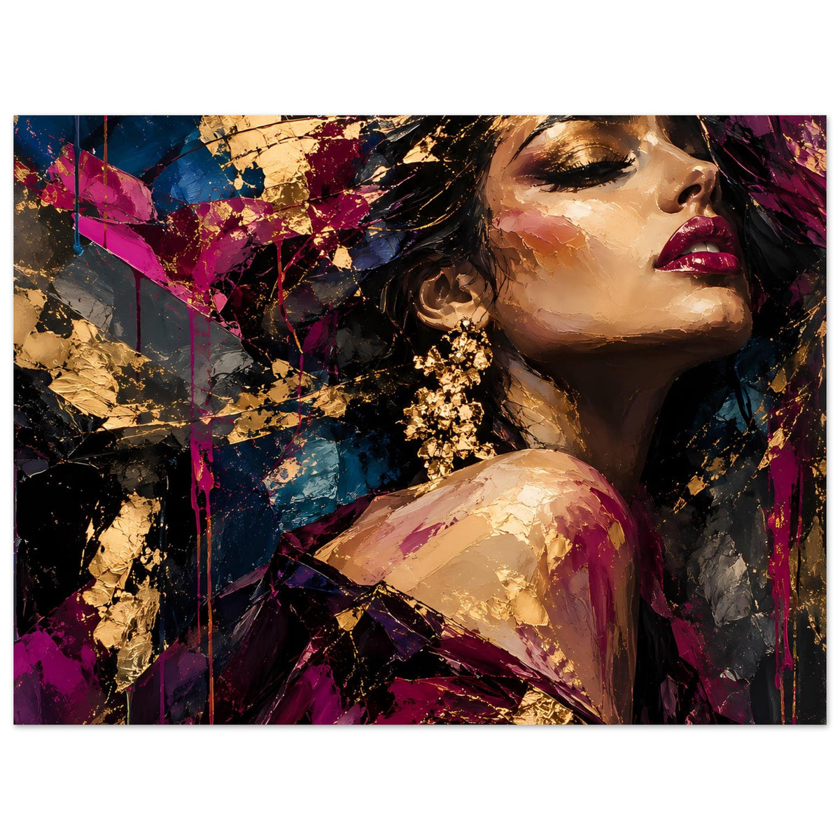 Poster mit großem Frauenporträt-Ausschnitt: seitlicher Blick, bunte Patchwork-Textur, goldener Schmuck