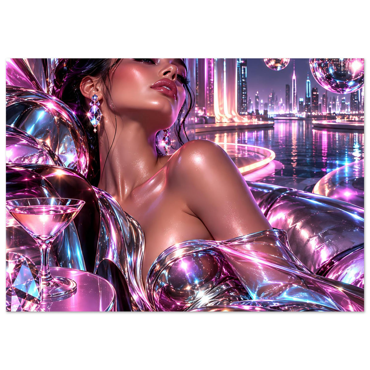 Neon-Glitzerposter mit Frau in violett-rosa Metallic-Look, kunstvolle Kugeln und Skyline
