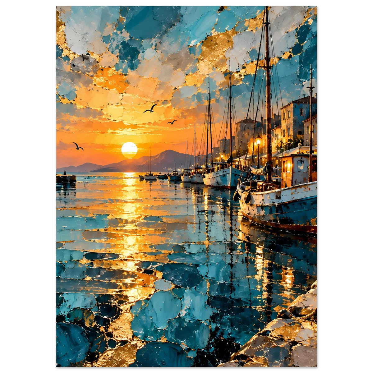 Hafen-Szenenposter vertikal mit orange-goldener Sonne, Segelbooten, Wasserreflexionen und Uferhäusern