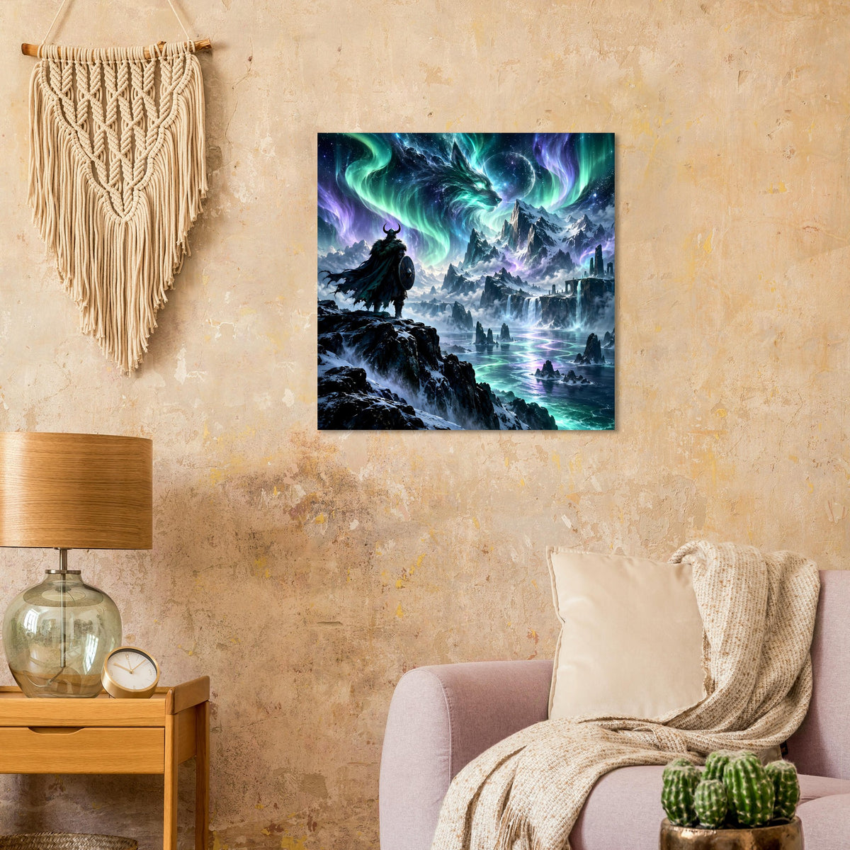 Fantasy-Poster an der Wand: Krieger, Drache und Polarlicht über Wasser